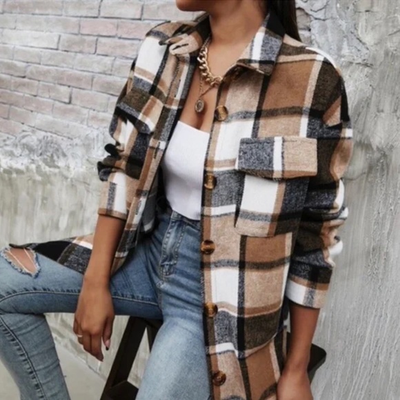 Boho chic black tan plaid button down jacket shachet casual - Picture 1 of 4